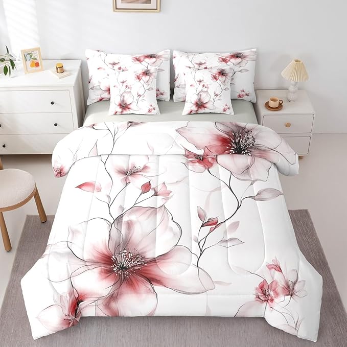 Erosebridal Bohemian Flower Twin 7 Pcs Bedding Set, Red Floral Comforter Set with Sheets for Women Adults Girls, Chic Watercolor Flower Boho Bed Sets, Ink Painting Style Blossom & Leaf Bed in A Bag