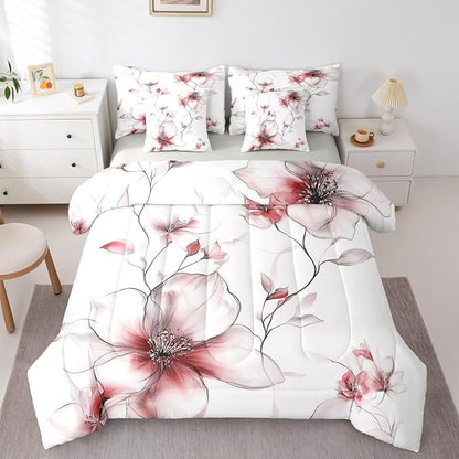 Erosebridal Bohemian Flower Twin 7 Pcs Bedding Set, Red Floral Comforter Set with Sheets for Women Adults Girls, Chic Watercolor Flower Boho Bed Sets, Ink Painting Style Blossom & Leaf Bed in A Bag