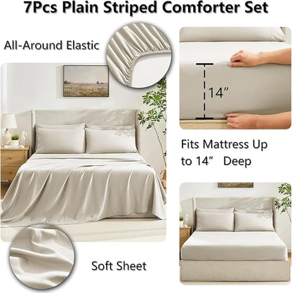 CozyLux California King Comforter Sets Oatmeal, 7 Pieces Cal King Bed in a Bag, All Season Bedding Sets with Stitch Quilted Comforter, Flat Sheet, Fitted Sheet, Pillowcases
