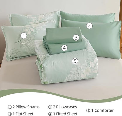 Anibedding Sage Green Queen Comforter Set, 7 Piece Botanical Gradient Leaves Ultra Soft Microfiber Down Alternative Bedding Set with Sheets and Bedroom for All Season