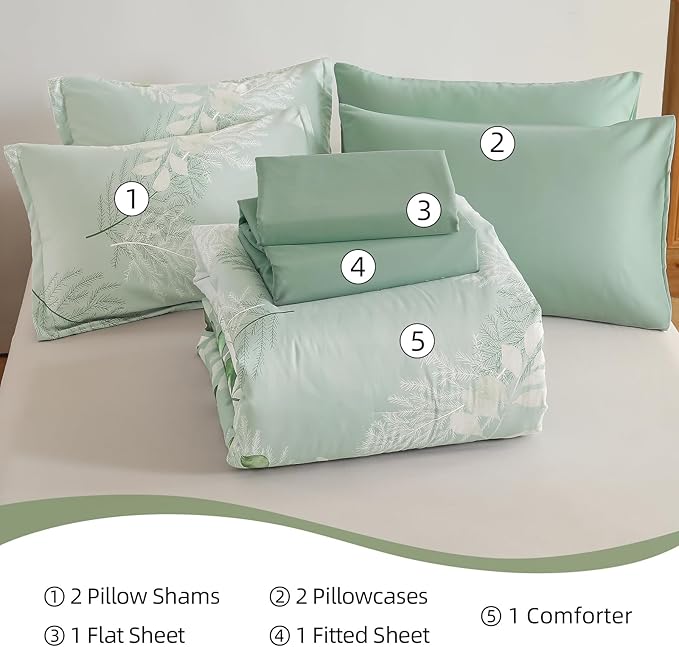 Anibedding Sage Green King Size Comforter Set, 7 Piece Botanical Gradient Leaves Ultra Soft Microfiber Down Alternative Bedding Set with Sheets Pillowcase for All Season