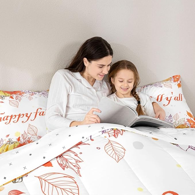 Watercolor Fall Pumpkin Comforter Set King,Happy Harvest Thanksgiving Theme Bedding Set For Kids Adults,Autumn Maple Leaf Botanical Comforterfall Rustic Farmhouse Bed Set 2 Pillow Cases Orange