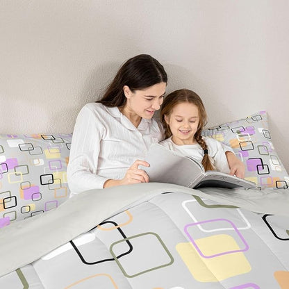 Erosebridal Retro Geometric Square Comforter Set King Pastel Purple Grey Plaid Bedding Set Modern Abstract Checkerboard Comforter for Kids Girls Boys Checkered Latticed Quilt Duvet