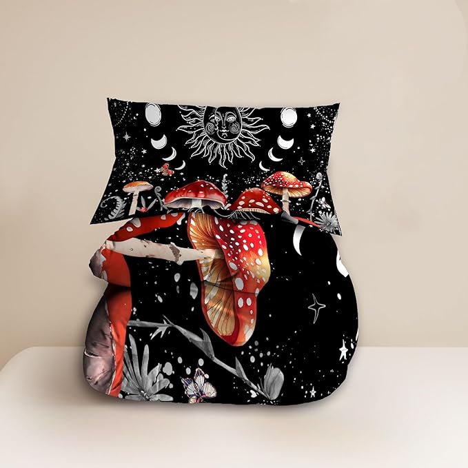 Sun Moon Boho Mushroom Comforter Sets for Kids Adults,3D Pattern Black Color,Decorative Bedding Comforter Sets with 2 Pillow Shams, Queen Size