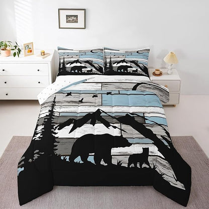 Feelyou Western Rustic Bear Comforter Set King Size, Wildlife Hunting Quilt Set with 2 Pillowcases, Forest Animal Wildlife Bedding Set 3pcs for Kids Boys Teens Room Decor, Farmhouse Duvet Insert