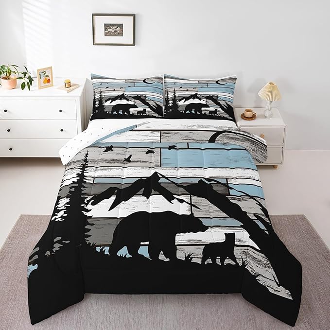 Feelyou Western Rustic Bear Comforter Set Full Size, Wildlife Hunting Quilt Set with 2 Pillowcases, Forest Animal Wildlife Bedding Set 3pcs for Kids Boys Teens Room Decor, Farmhouse Duvet Insert