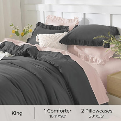 Andency Dark Gray King Comforter Set(104x90Inch), 3 Pieces(1 Ruffle Comforter and 2 Pillowcases) Lightweight and Fluffy Bedding Comforter Set, All Season Soft Microfiber Shabby Chic Bedding Set