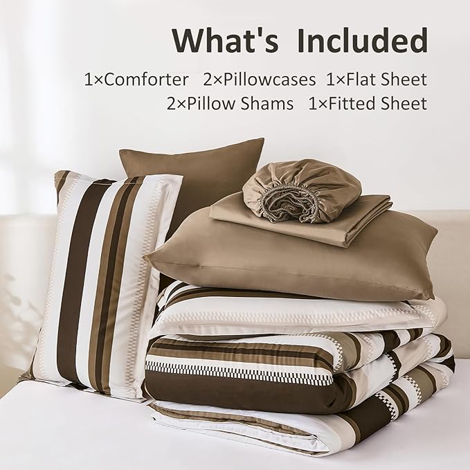 WONGS BEDDING King Size Comforter 7 Pieces, Brown King Comforter Set with Sheets, Striped Bed in a Bag Boho Lightweight Bedding Set for All Seaon (104"×90")