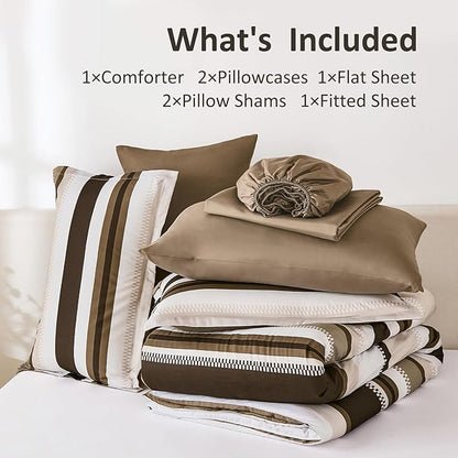 WONGS BEDDING King Size Comforter 7 Pieces, Brown King Comforter Set with Sheets, Striped Bed in a Bag Boho Lightweight Bedding Set for All Seaon (104"×90")