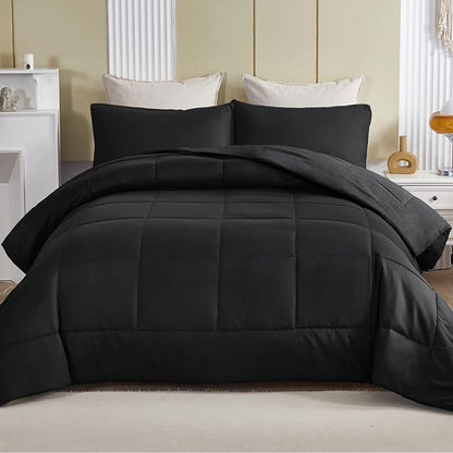 Exclusivo Mezcla Lightweight Reversible Twin Size Comforter Set, Down Alternative Comforter with 1 Pillow Sham, Twin Size Bedding Set for All Seasons, Black
