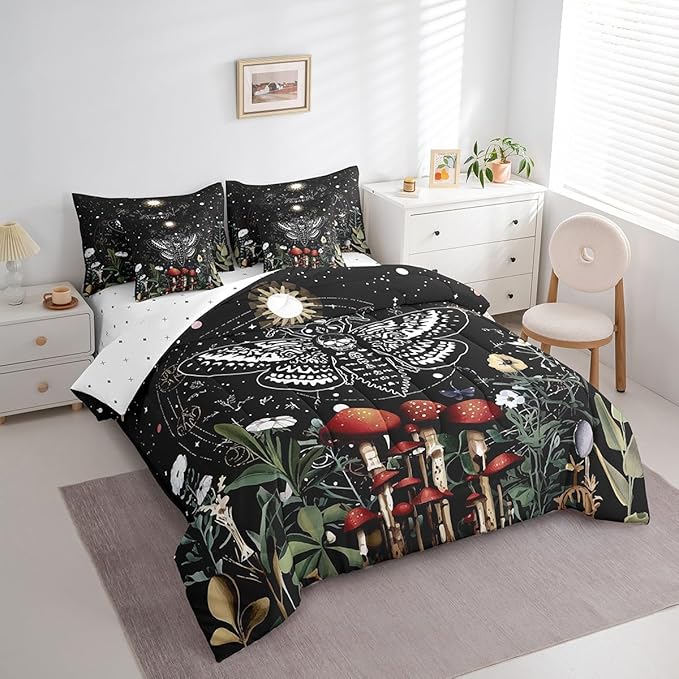 Feelyou Boho Moth Bedding Set Kids Bohemian Galaxy Comforter Set King Size 7 Pieces Boys Girls Wild Mushroom Floral Bed in a Bag Eoxtic Bed Set with Comforter, Sheet Set, Pillowcases, Pillow Covers