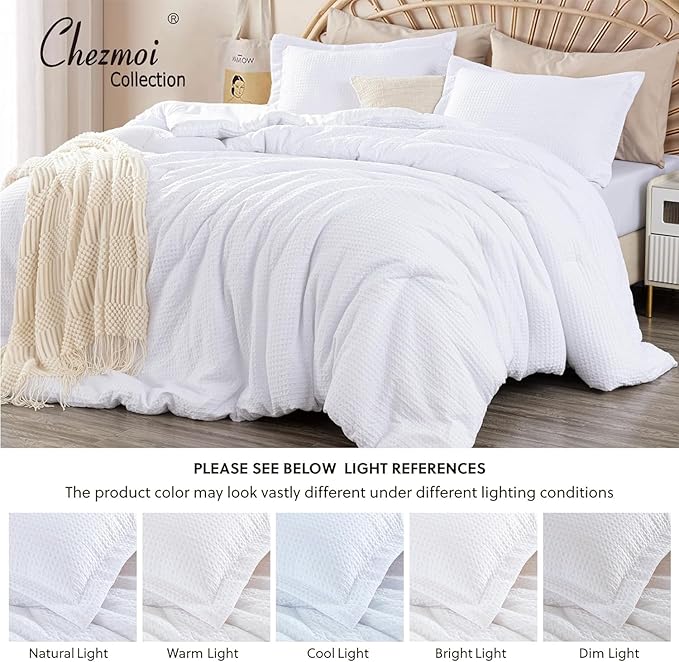 Chezmoi Collection Wilmer 3-Piece Waffle Weave Comforter Set - Soft and Cozy All Season Bedding Set, Queen, White
