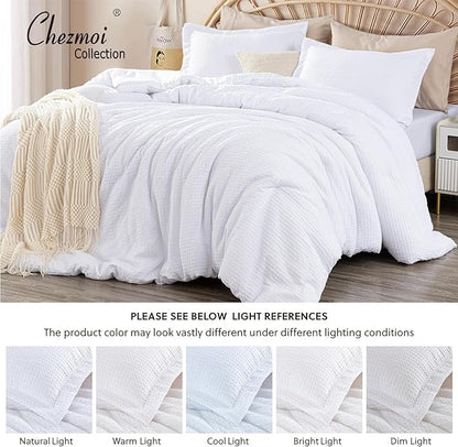 Chezmoi Collection Wilmer 3-Piece Waffle Weave Comforter Set - Soft and Cozy All Season Bedding Set, Queen, White