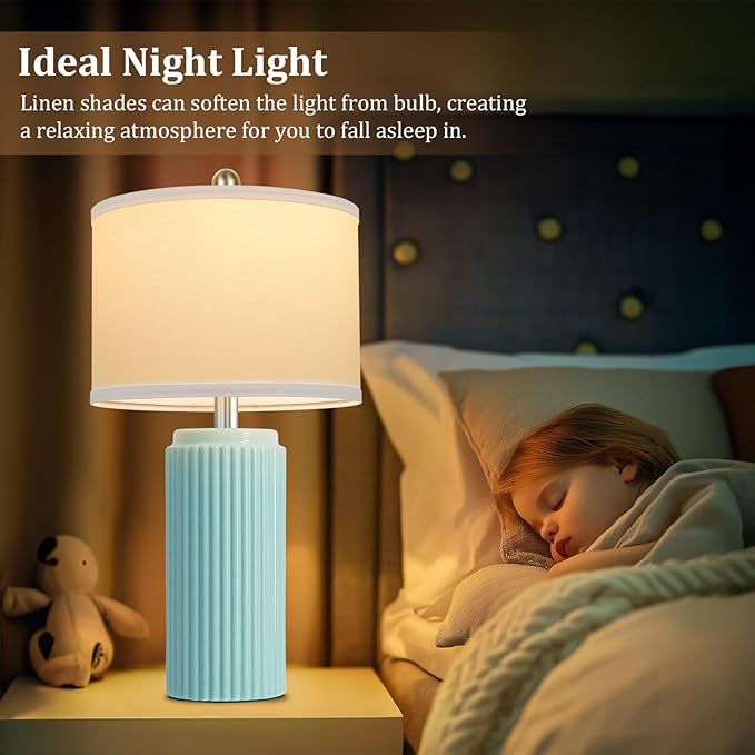 23.5’’ Light Green Coastal Table Lamps for Bedroom Set of 2, Modern Ceramic Nightstand Lamps for Living Room, Elegant Bedside Lamps with White Line Shade Set for Reading, Farmhouse Side Table Lamps