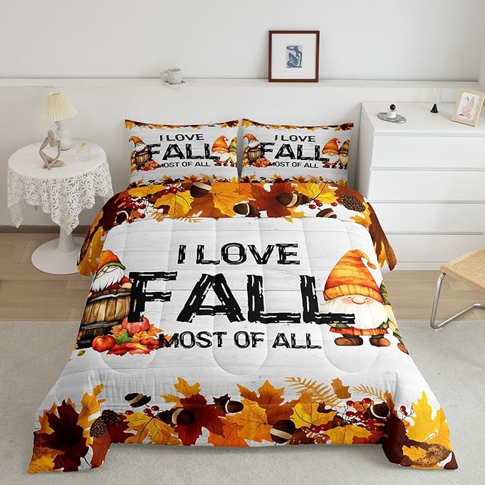 Erosebridal Gnomes Pumpkin Bedding Set Rustic Farmhouse Fall Theme Comforter Set King Size Thanksgiving Harvest Season Quilt Bedding Maple Leaf Pinecone Decor Bed Duvet Soft Lightweight Bedroom Decor