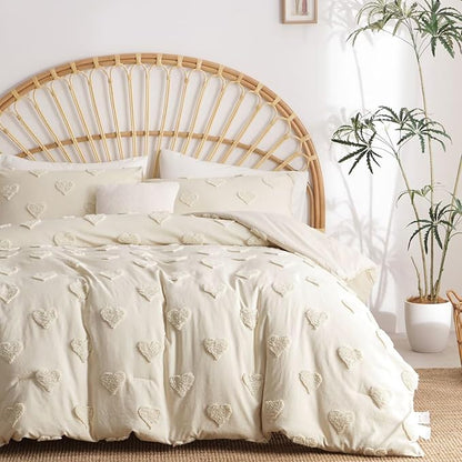 Tufted Comforter Set Queen Size Beige Heart Tufted Comforter Boho Hearts Tufted Bed Set 3 Pieces Shabby Chic Embroidery Soft Jacquard Bedding for All Seasons with 2 Pillowshams