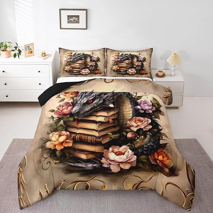 Manfei Black Dragon Comforter Toddler,Vintage Animals Magic Books Quilt Comforter with 1 Pillowcase for All Season Bedroom,Rustic Flowers Botanical Plants Bedding Set Comfortable,Soft and Breathable