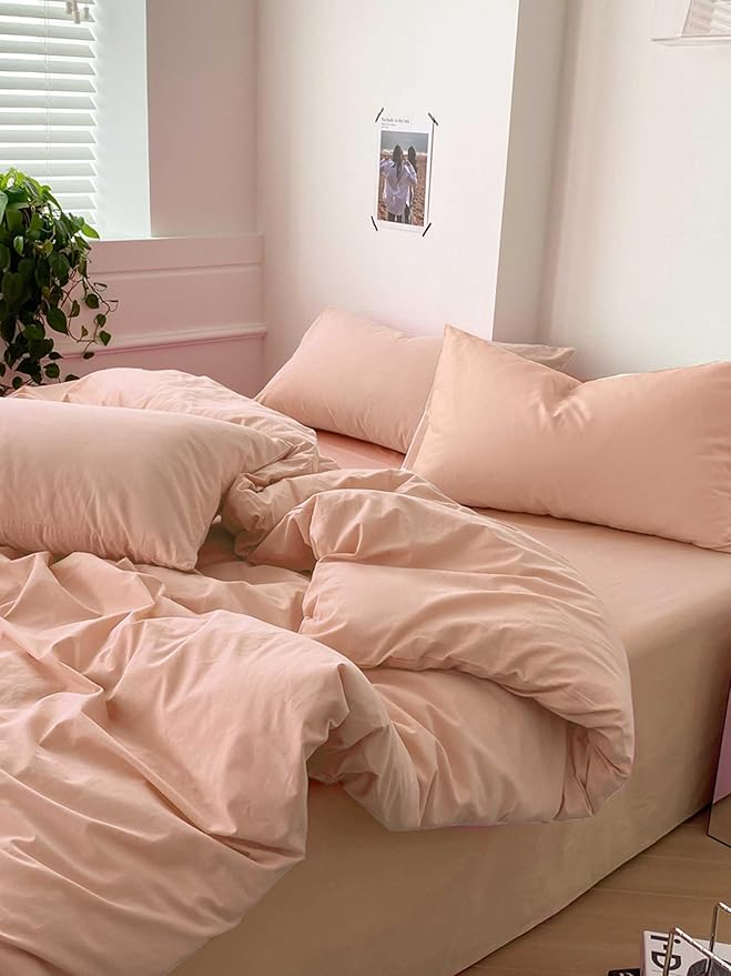 Nanko Peach Coral Queen Size Comforter Set, Soft Microfiber Down Alternative Duvet Insert, Modern Farmhouse Neutral Spring Decor Bedding Sets Bed in a Bag for Women Men Teen, 90 x 90 inch 3pcs
