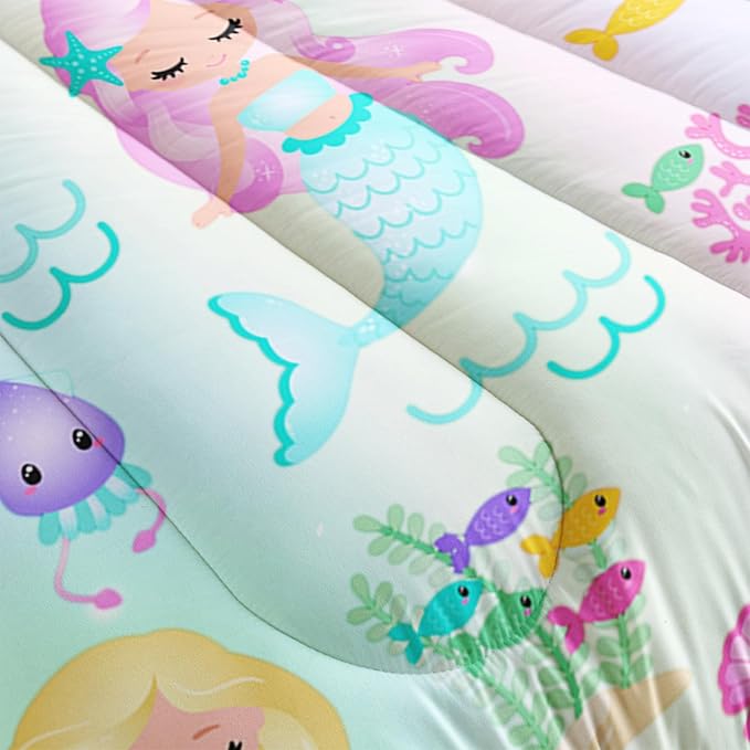 Rainbow Mermaid Comforter Set Twin/Full/Queen Size Fairy Tale Sea Shell Grass Bedding Set Starfish Jellyfish Quilt Bed Set for Kid Girls with 1 Comforter and 2 Pillowcases