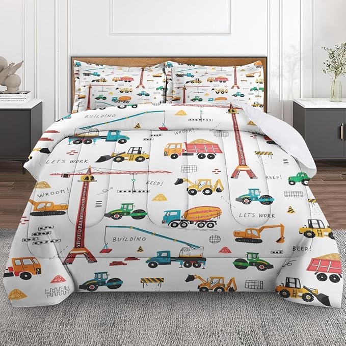 Construction Vehicle Car Comforter Set for Boys Kids Toddlers Teens Adults Full, City Truck Bedding Sets Water Washed Microfiber Bedding with 1 Comforter 2 Pillowcase All Season