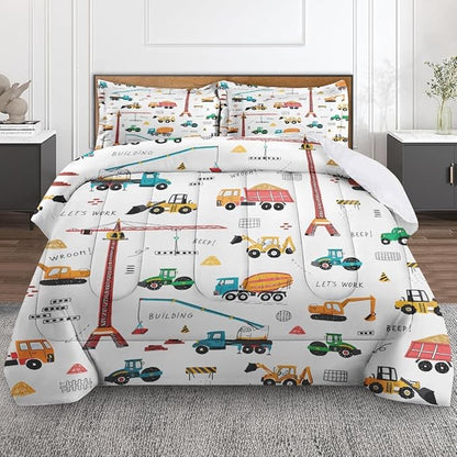 Construction Vehicle Car Comforter Set for Boys Kids Toddlers Teens Adults Full, City Truck Bedding Sets Water Washed Microfiber Bedding with 1 Comforter 2 Pillowcase All Season