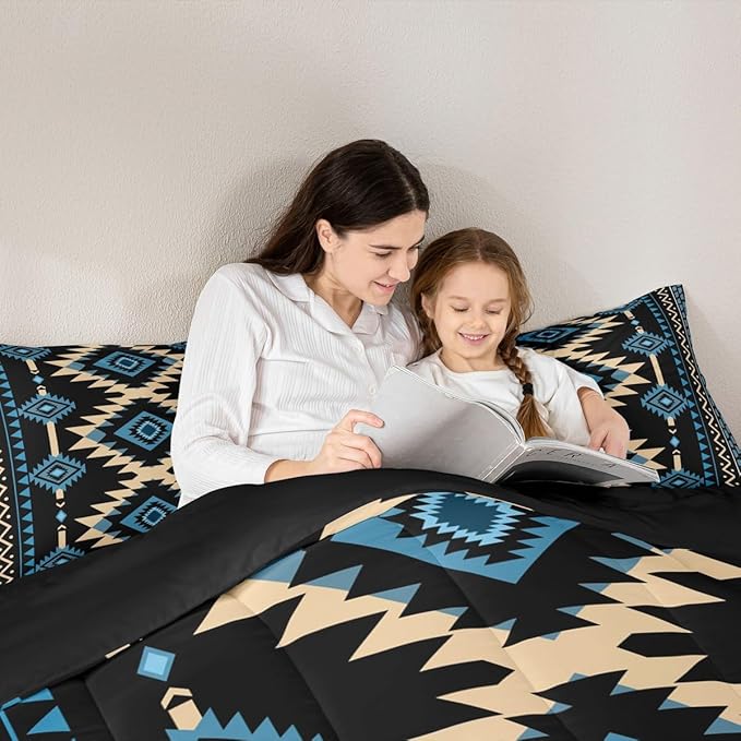 Feelyou Western Comforter Set Blue Black Southwestern Aztec King Size Bedding Set Country Tribal Native American Rustic Duvet Quilt