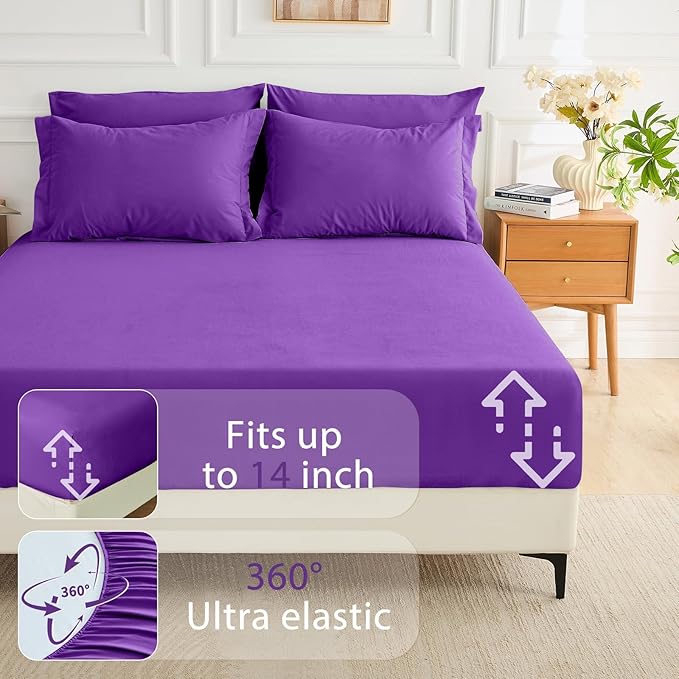 MUXHOMO 7 Pieces King Comforter Set, Soft Bed in a Bag King Size, All Season Bedding Set with Comforter, Flat Sheet, Fitted Sheet, Pillowcases & Shams, Purple
