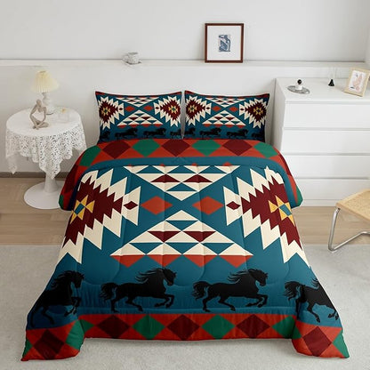 Erosebridal Western Comforter Set - Boho Western Bedding King, Farm Animals Quilt, Aztec Duvet Insert, Rustic Farmhouse Bedroom, Southwestern Decor, Red Blue