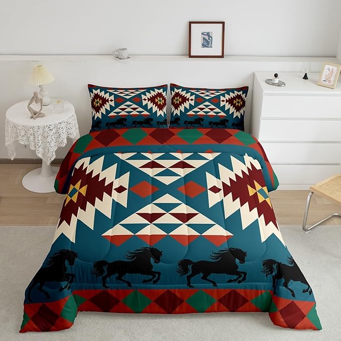 Erosebridal Western Quilt Horse Comforter Set,Boho Bedding Sets Full Duvet Insert,Western Home Decor Rustic Farmhouse Bedroom,Geometric Aztec Full Native American Decor,Red Blue