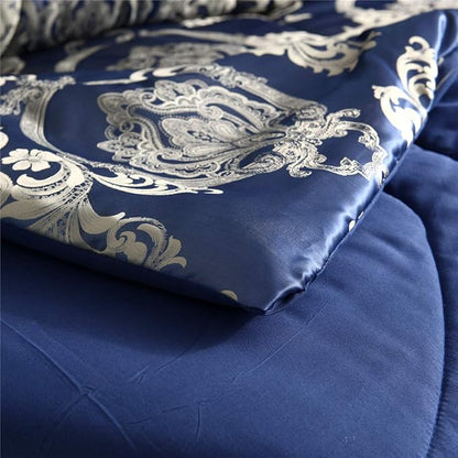 Comforter Set Satin Silk Blanket All Season Bed Luxury Royal Blue Jacquard Quilt Bedding Sets Matching 2 Pillow Shams (Full/Queen, 88x88 inches, 3 Pieces)