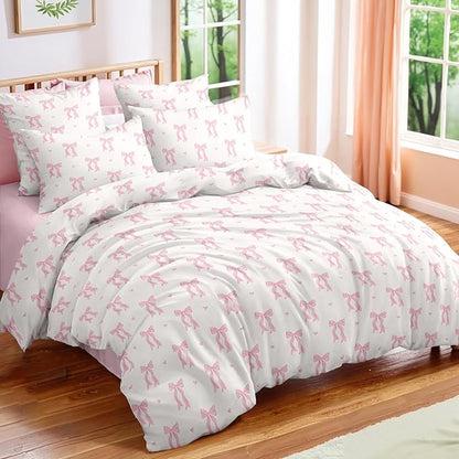 Nayoroom Pink Bow Comforter Set Queen Size Cute Heart Comforter 3 Pieces Soft Lightweight Girls Coquette Dorm Bedding Set for All Seasons