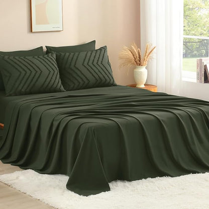 Litanika Oversized King Size Comforter Set with Sheets Olive Green - 7 Pieces Bed in a Bag Oversized King Boho Tufted Complete Bedding Sets with Comforter, Sheets, Pillowcases & Shams