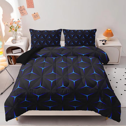 Geometric Blue Argyle Comforter Set,Triangle Honeycomb 3 PCS Bedding Set Twin Size for Teen Adult,Modern Quilt Set Geometry Decor,Microfiber Lightweight 1 Comforter 2 Pillowcases