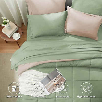 Anluoer Twin Size Bed in a Bag 5 Pieces, Sage Green Bed Comforter Set with Sheets, All Season Bedding Sets with 1 Comforter, 1 Pillow Sham, 1 Pillowcase, 1 Flat Sheet, 1 Fitted Sheet