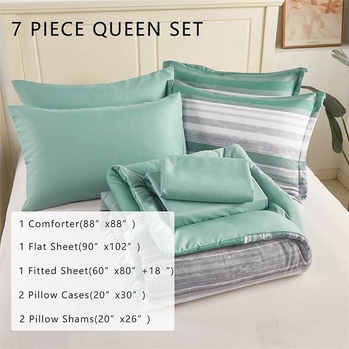 KAKIJUMN 7 Piece Bed in a Bag Stripe Comforter Set Queen Size, White Grey Sage Green Patchwork Striped Comforter and Sheet Set, All Season Soft Microfiber Complete Bedding Sets(Green,Queen)