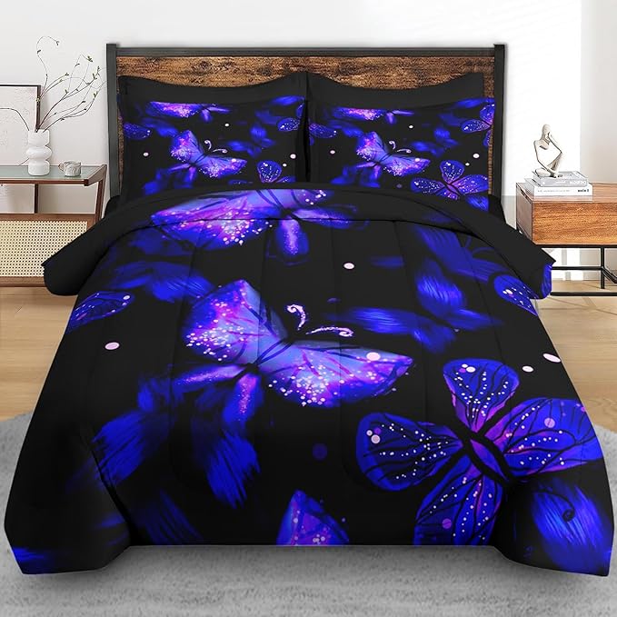 Comforter Set King Size, Purple Blue Galaxy 7 Pcs Bedding for Kids and Adults, Butterfly Flower Summer Bed Sheet Sets with Fitted Sheet 2 Pillowcases & 2 Shams for Bedroom Bed Decor