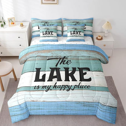 King Size Lake House Comforter Sets with Sheets 7-Piece Vintage Lake Themed Comforter Set Bed-in-a-Bag Rustic Old Barn Door Wooden Decor Bedding Sets with Sheets, Pillowcases and Throw Pillow Covers