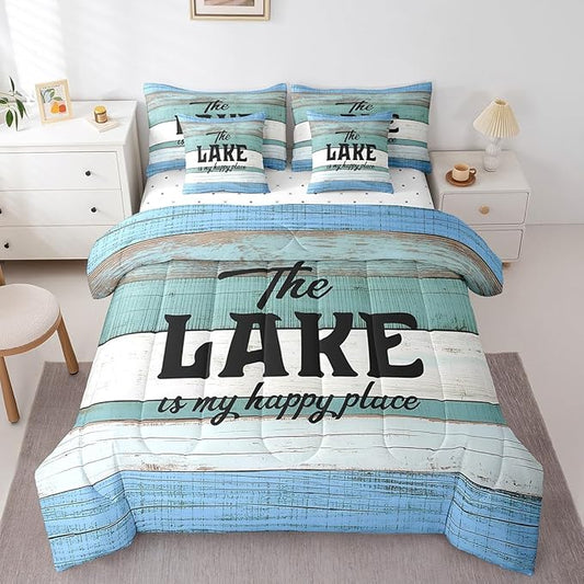 Full Size Lake House Comforter Sets with Sheets 7-Piece Vintage Lake Themed Comforter Set Bed-in-a-Bag Rustic Old Barn Door Wooden Decor Bedding Sets with Sheets, Pillowcases and Throw Pillow Covers