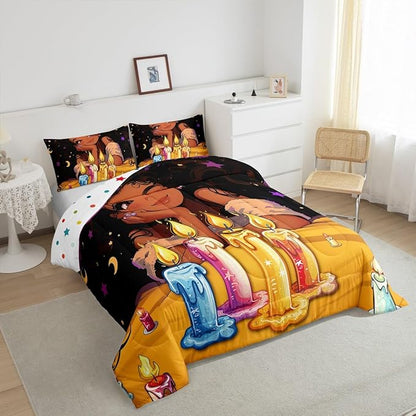 Afro Girls Bedding Comforter Sets American African Princess Magical Comforter Set Black Hair Girl Quilt Full,Kawaii Room Decor for Kids Teens Toddler Girls,Happy Birthday Decorations