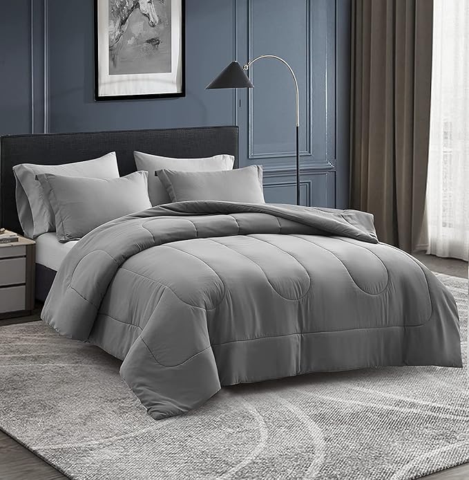 Maple&Stone King Size Comforter Set 7 Pieces Bed in a Bag - Down Alternative Bed Set with Sheets, Pillowcases & Shams, Soft Reversible Duvet Insert for King Bed, Dark Grey & Light Grey