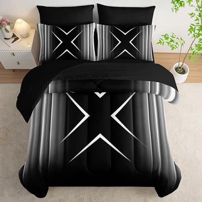 Black and White Geometric Comforter Set King Size 7Pieces,3D Abstract Mordern Printed Bedding Set for Adults,Geometric Mordern Decor All Seasons with Pillowcases,Flat, Fitted Sheet
