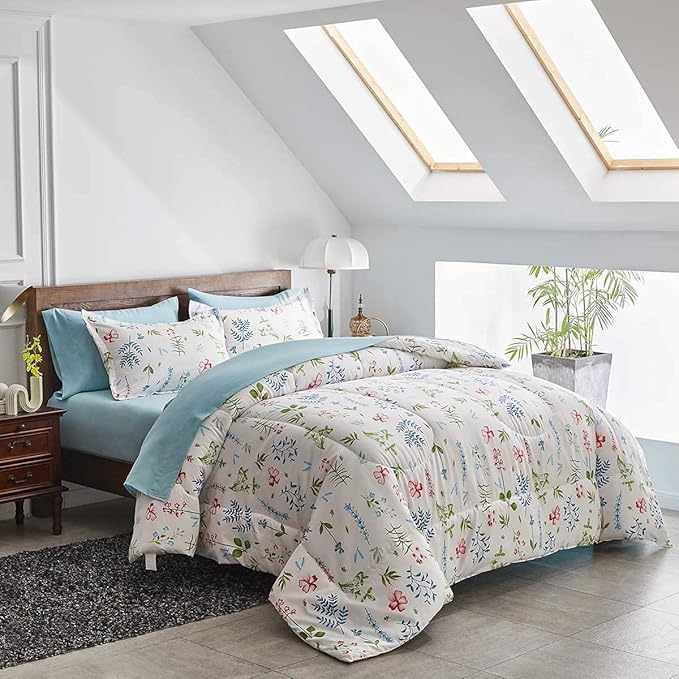 White Floral Comforter Sheet Set 7 Pieces Bed in a Bag King Size Green Blue Leaves with Red Flowers Reversible Bedding Set (1 Comforter 2 Pillow Shams 1 Flat Sheet 1 Fitted Sheet 2 Pillowcases)