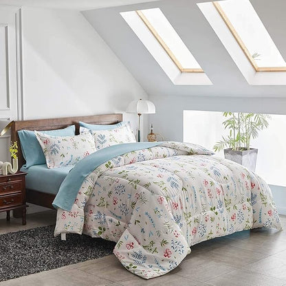White Floral Comforter Sheet Set 7 Pieces Bed in a Bag Queen Size Green Blue Leaves with Red Flowers Reversible Bedding Set (1 Comforter 2 Pillow Shams 1 Flat Sheet 1 Fitted Sheet 2 Pillowcases)