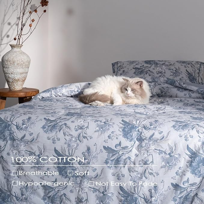 Cotton Comforter Queen Size Set – Light Grey Blue Botanical Floral Bedding, Soft & Breathable, All-Season Down-Alternative Fill, Includes 1 Comforter & 2 Pillow Shams