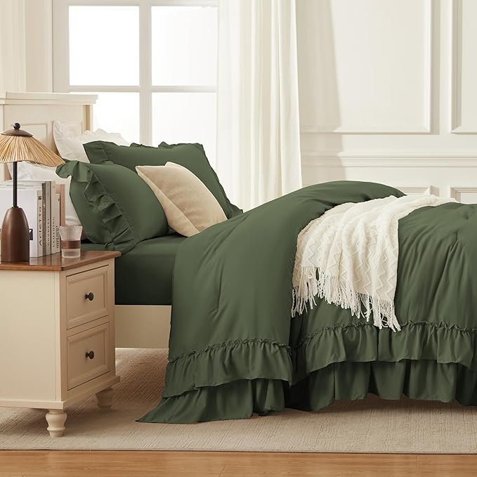 Andency Olive Green Full Size Comforter Set (79x90Inch), 3 Pieces Fluffy Shabby Chic Ruffle Bedding Comforter Sets, All Season Soft Lightweight Microfiber Bed Set