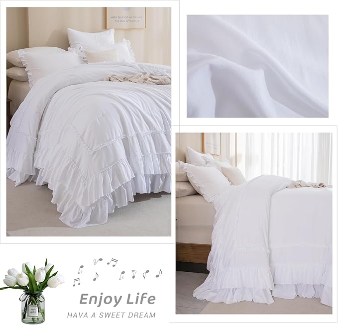 Sanracie California King Comforter Set 128" x 120", Cotton White Soft Breathable 3Pcs Bedding Sets Farmhouse French Country Shabby Vintage Ruffled Bedding Comforter Sets for All Season