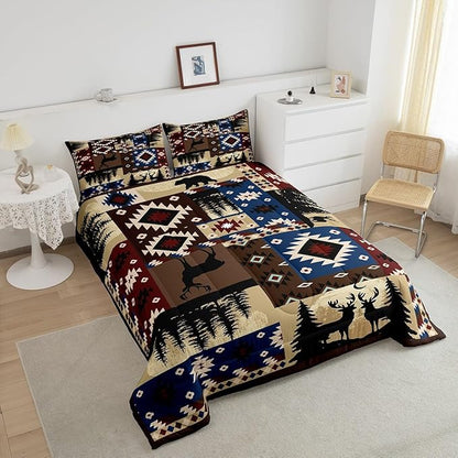 Feelyou Cute Deer Bear Comforter Set for Girls Boys Kids King Size Southwestern Comforter Room Decorative Wild Animal Rustic Cabin Country Geometric Bedding Set Brown Plaid Duvet Set 3Pcs Quilt Set