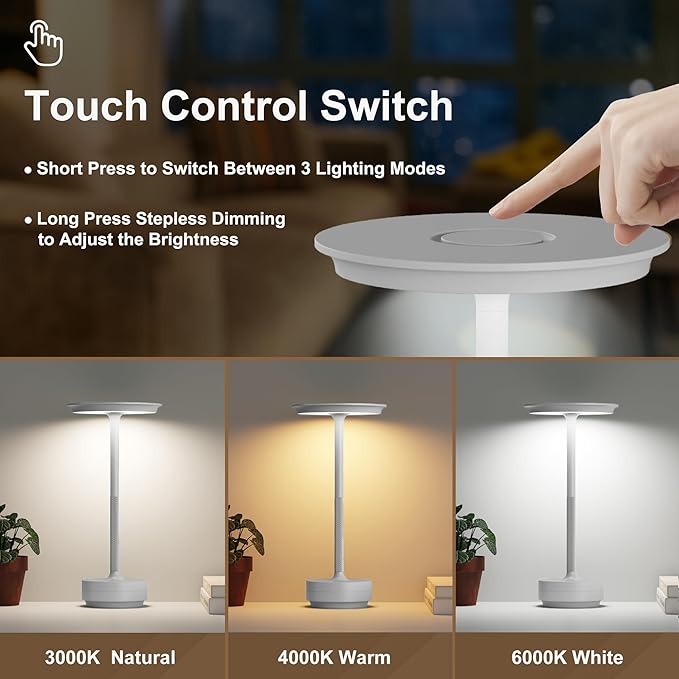 2 Pack Rechargeable Cordless Table Lamps, Portable 5000mAh LED Table Light, 3 Color Stepless Dimming Battery Powered Metal Table Lamp for Outdoo/Restaurant/Home/Patio.(Light Gray)