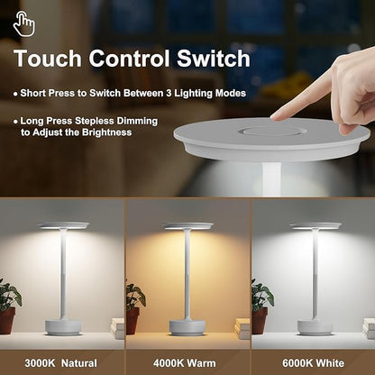 2 Pack Rechargeable Cordless Table Lamps, Portable 5000mAh LED Table Light, 3 Color Stepless Dimming Battery Powered Metal Table Lamp for Outdoo/Restaurant/Home/Patio.(Light Gray)