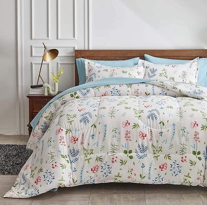 White Floral Comforter Sheet Set 7 Pieces Bed in a Bag King Size Green Blue Leaves with Red Flowers Reversible Bedding Set (1 Comforter 2 Pillow Shams 1 Flat Sheet 1 Fitted Sheet 2 Pillowcases)